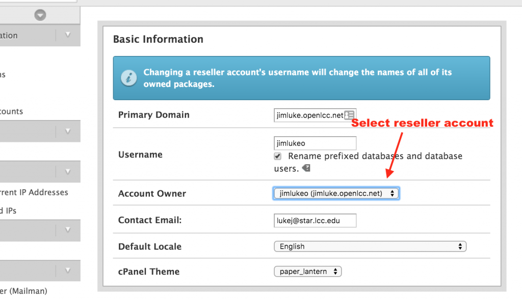 Select Reseller Account from dropdown