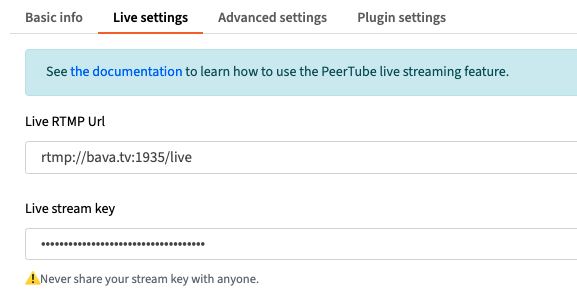 Image of Live Settings tab in PeerTube