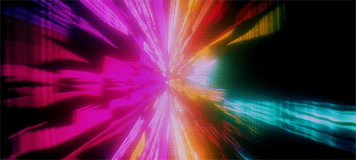 Scene from 2001: A Space Odyssey with colored time travel effects