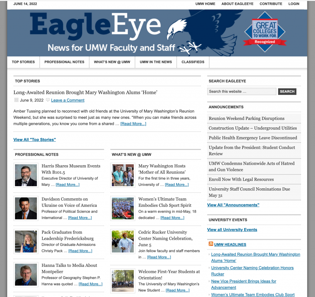 Image of UMW's EagleEye newsletter