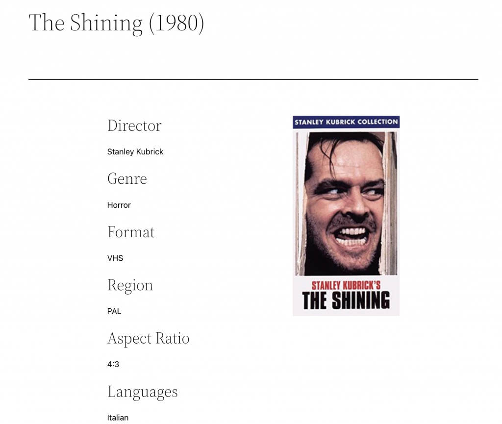 Screenshot of the bavLibraries first entry for the VHS tape of The Shining