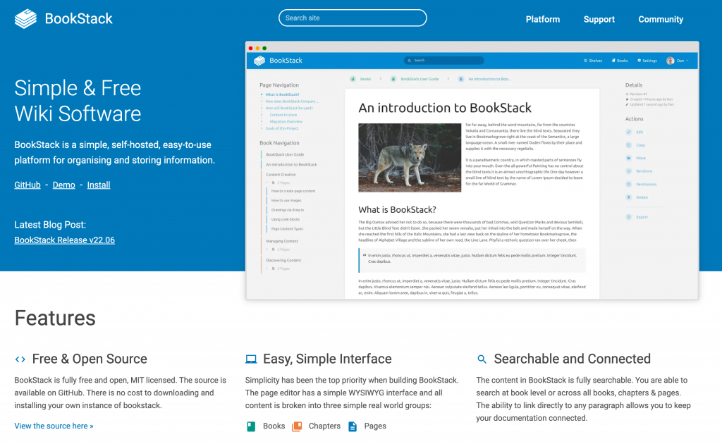 Screenshot of Bookstack homepage