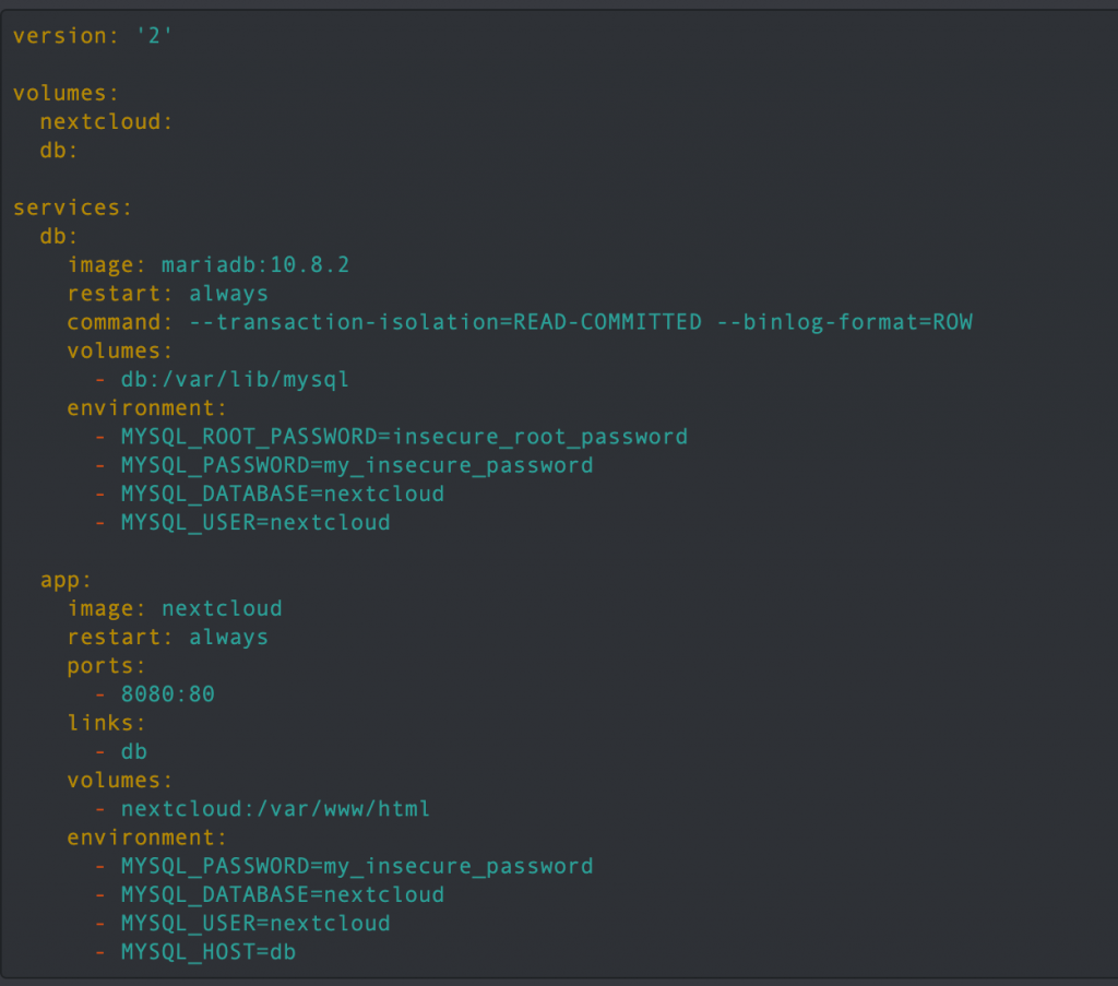 Image of docker-compose.yml file for a MariaDB Nextcloud setup
