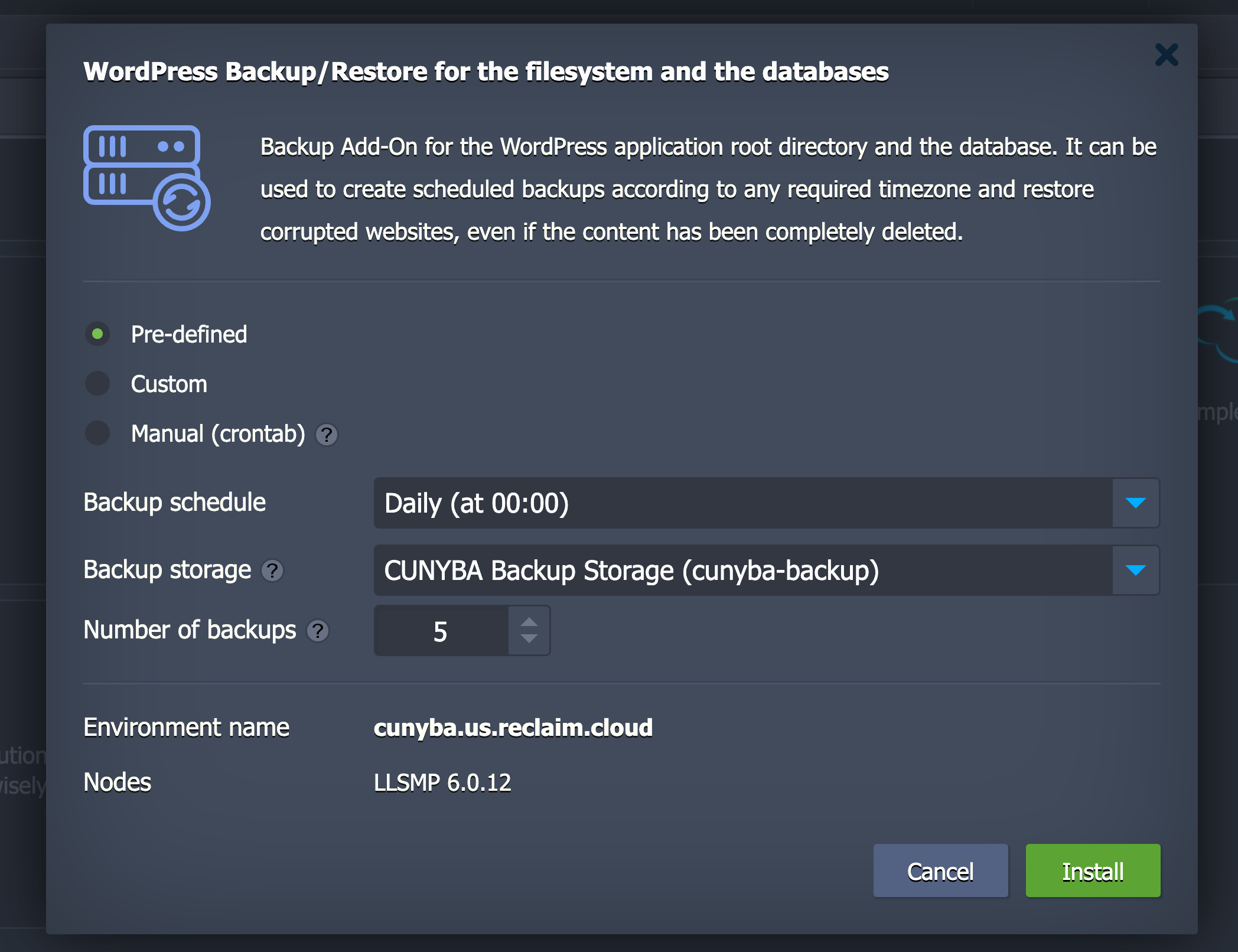 Screenshot of Reclaim Cloud WordPress backup server options dialogue box