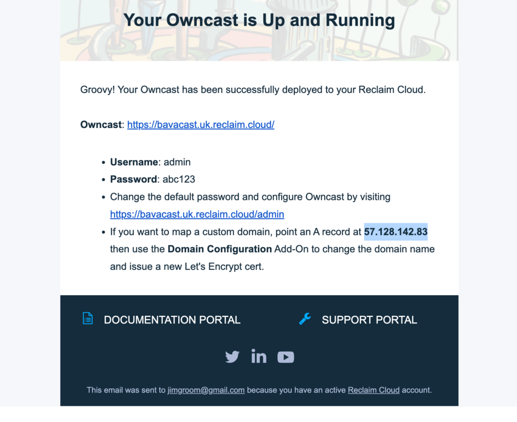 Screenshot of Owncast email you receive after installation