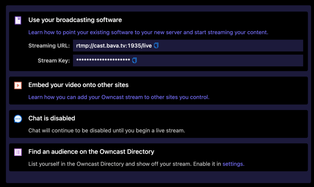 Screenshot of Owncast dashboard with thr RTMP and Stream key front and center,