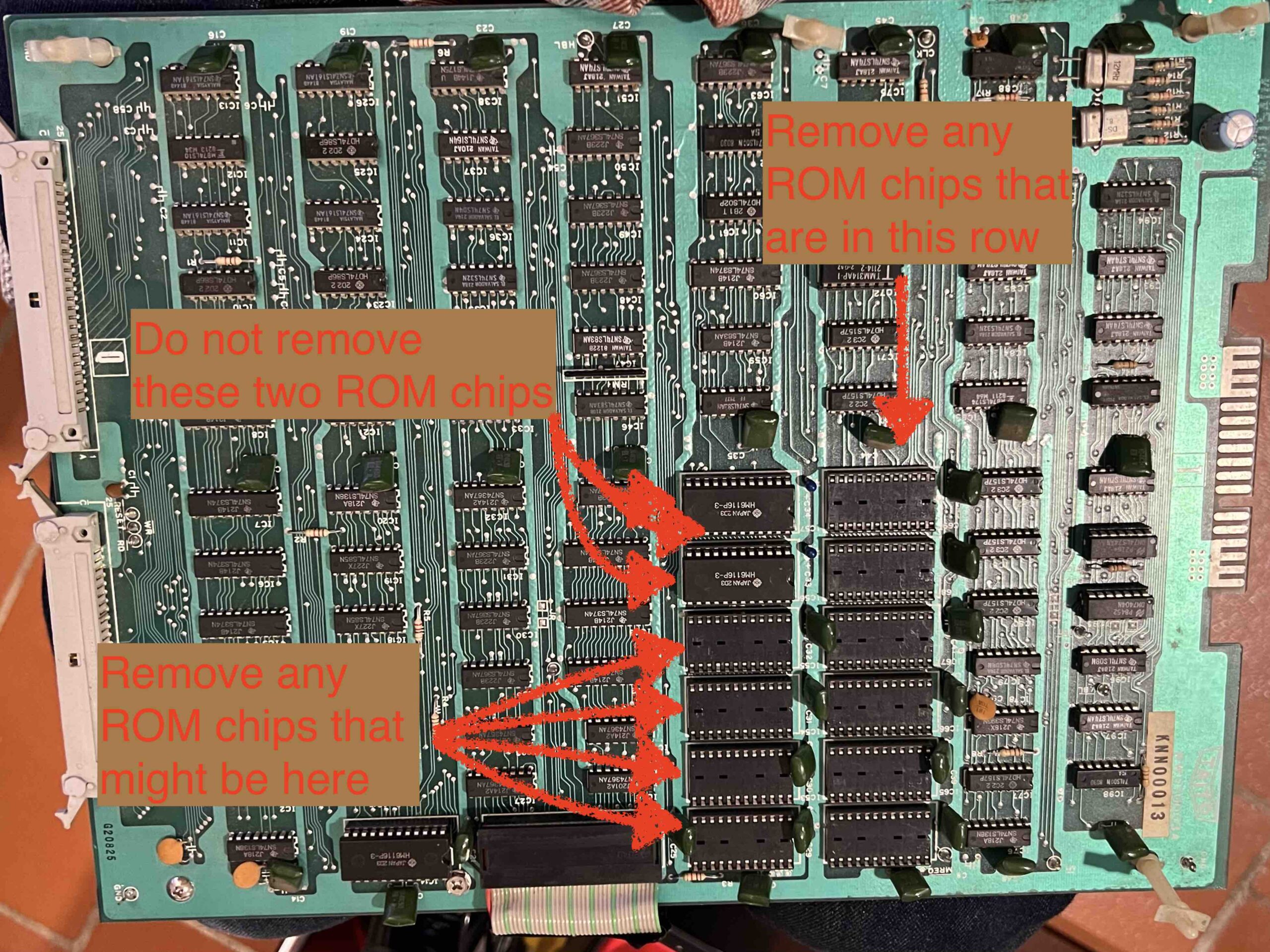 Elevator Action CPU Main board with instructions on which ROMs to remove