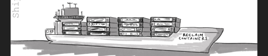 Illustrated black and white image of container ship carrying VHS-shaped containers