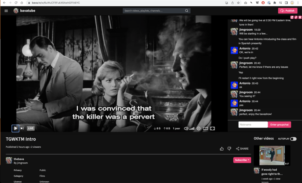 Image of film streaming on Peertube with live chat