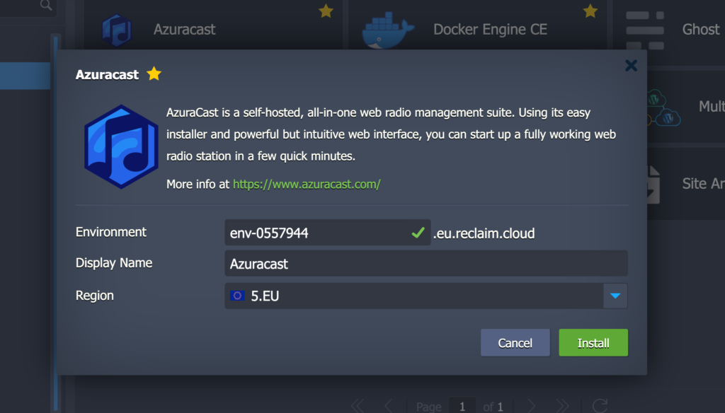 Screenshot of a dialogue box for installing Azuracast in a EU region on Reclaim Cloud